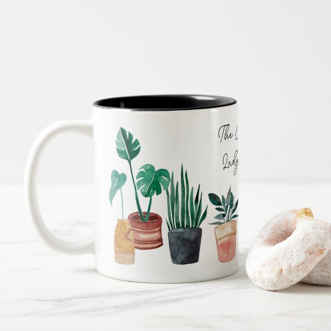 The crazy plant lady lives here & bohemian plants  Two-Tone coffee mug (With Donut)