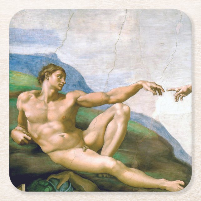 The Creation of Adam, Michelangelo, 1508-1512 Square Paper Coaster (Front)