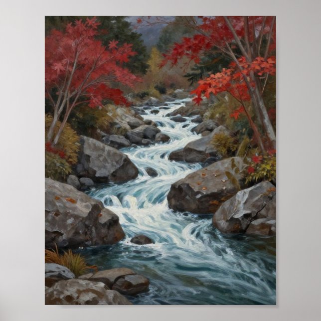 The Crimson Current: A Cascading Autumn Stream Poster (Front)