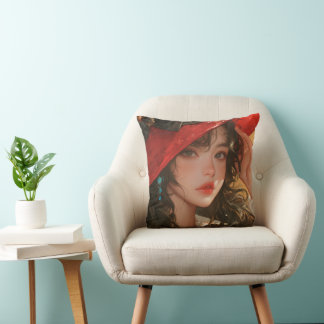 The Crimson Hour : Red Hat woman Throw Pillows