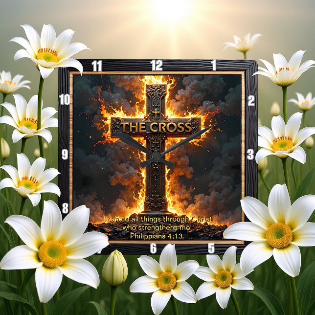 The Cross Fiery Time Philippians 4:13 Verse Square Wall Clock (Creator Uploaded)