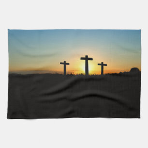The Crucifixion Crosses at Sunset Tea Towel
