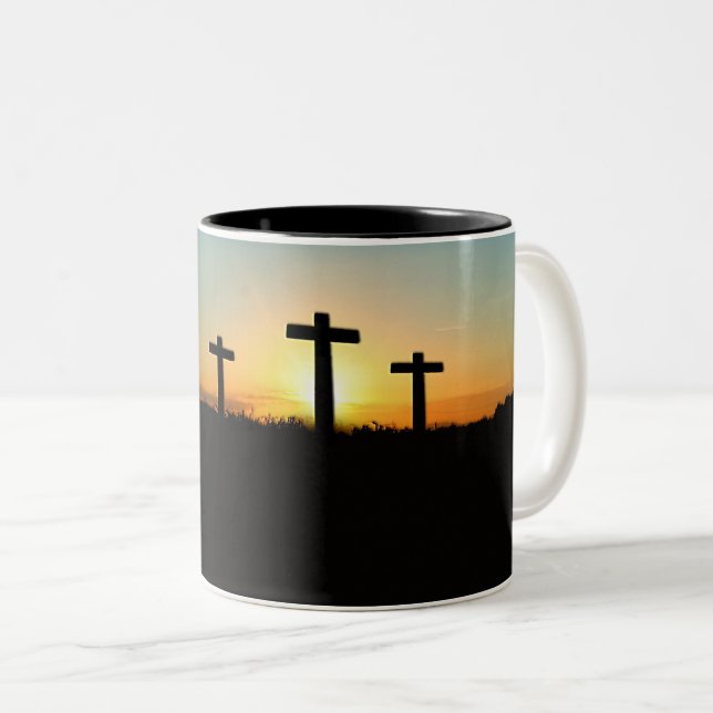 The Crucifixion Crosses at Sunset Two-Tone Coffee Mug (Front Right)