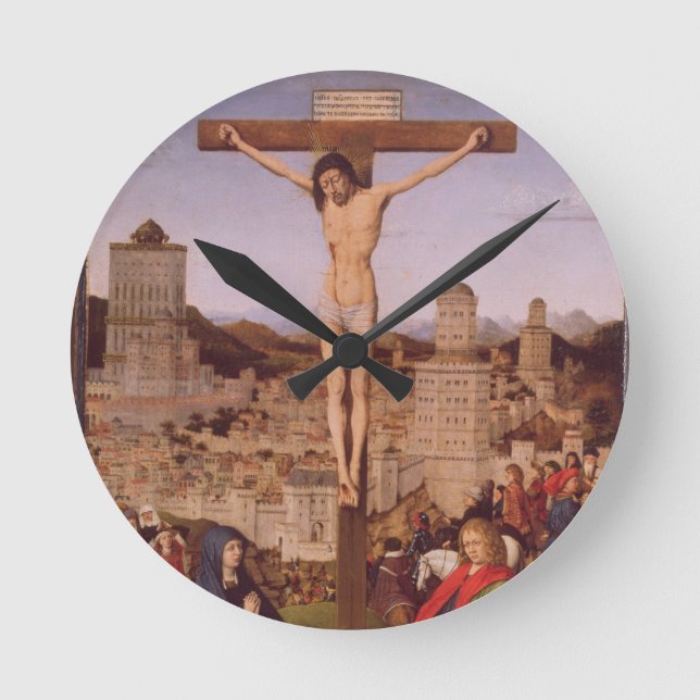 The Crucifixion (oil on panel) Round Clock (Front)