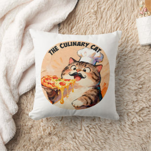 The Culinary Cat with Pizza Cat Chef Holding Pizza Cushion