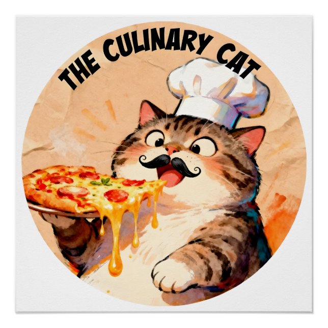 The Culinary Cat with Pizza Cat Chef Holding Pizza Poster (Front)