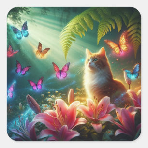 The Curious Cat & Her Butterflies Square Sticker