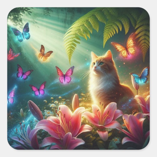The Curious Cat & Her Butterflies Square Sticker (Front)