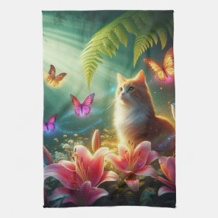 The Curious Cat & Her Butterflies Tea Towel