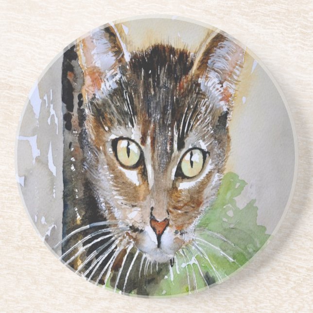 The Curious Tabby Cat Acrylic Painting Coaster (Front)