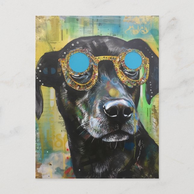The Cute Black Dog in Glasses Collage Postcard (Front)