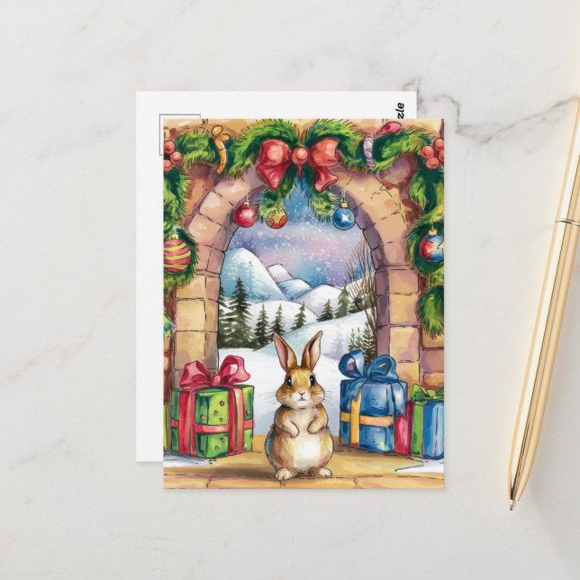 The Cute Christmas Bunny Postcard (Front/Back In Situ)