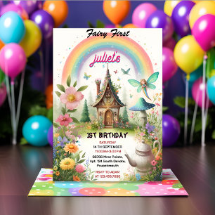 the cute Floral Pink girl fairy first 1st birthday Invitation