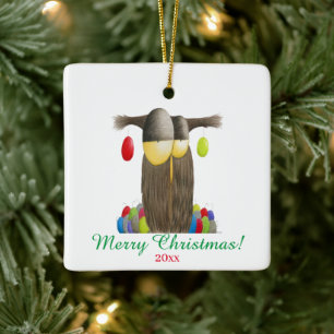The Cute Holiday Owl Illustration Ceramic Ornament