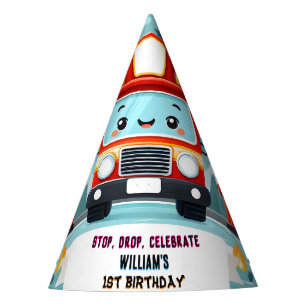 The Cute Hot Fire Truck Engine Safety 1st birthday Party Hat