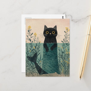 The Cute Mermaid Black Kitty Postcard