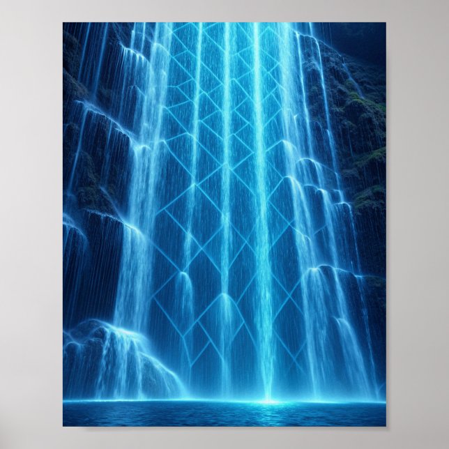 The Cybernetic Cascade: A Luminous Digital Waterfa Poster (Front)