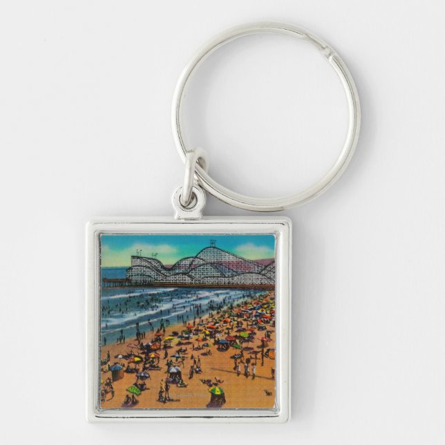 The Cyclone Racer and Beach Crowds, Long Beach Key Ring (Front)