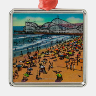 The Cyclone Racer and Beach Crowds, Long Beach Metal Ornament