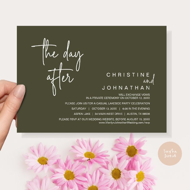 The Day After, Post Wedding Elopement Party, Olive Invitation (The Day After, Modern Post Wedding Party Invitation Card, PDF, in Olive green)