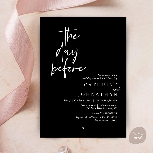 The day before, Wedding Rehearsal Lunch Invitation (The day before, Modern Wedding Rehearsal lunch Invitation Card, PDF, in Classy Black)