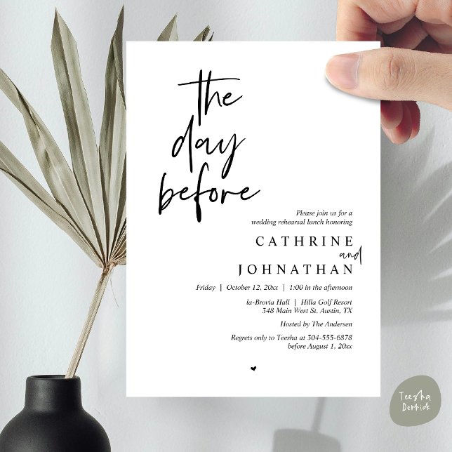 The day before, Wedding Rehearsal Lunch Invitation (The day before, Modern Wedding Rehearsal lunch Invitation Card, PDF, in Black and White)