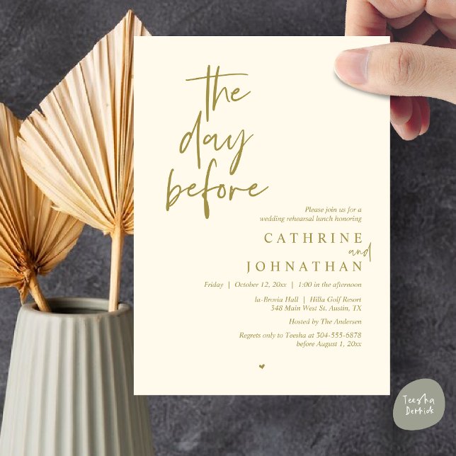 The day before, Wedding Rehearsal Lunch Invitation (The day before, Modern Wedding Rehearsal lunch Invitation Card, PDF, in yellow gold)