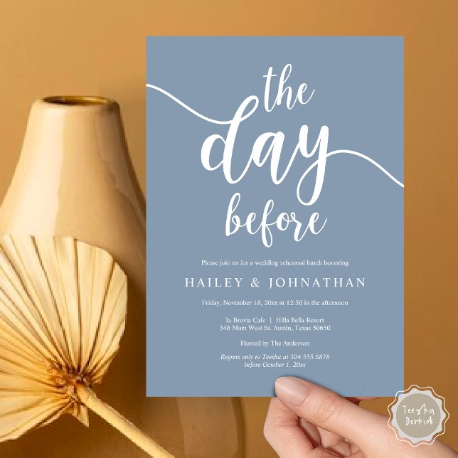 The day before, Wedding Rehearsal Lunch or Brunch Invitation (The day before, Wedding Rehearsal Lunch or Brunch Invitation Card, PDF, Dusty Blue)