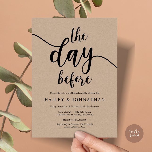 The day before, Wedding Rehearsal Lunch or Brunch Invitation (The day before, Wedding Rehearsal Lunch or Brunch Invitation Card, PDF, Brown Kraft)