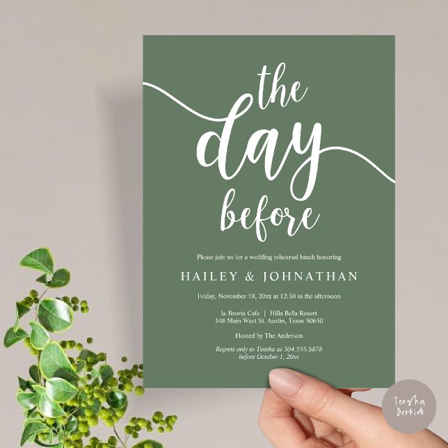 The day before, Wedding Rehearsal Lunch or Brunch Invitation (The day before, Wedding Rehearsal Lunch or Brunch Invitation Card, PDF, Forest Sage Green)