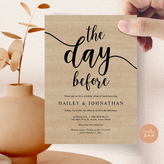 The day before, Wedding Rehearsal Lunch or Brunch Invitation (The day before, Wedding Rehearsal Lunch or Brunch Invitation Card, PDF, Brown Wood Background)