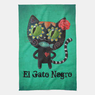 The Day of The Dead Black Cat Tea Towel