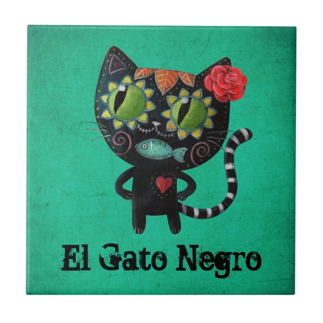 The Day of The Dead Black Cat Tile (Front)