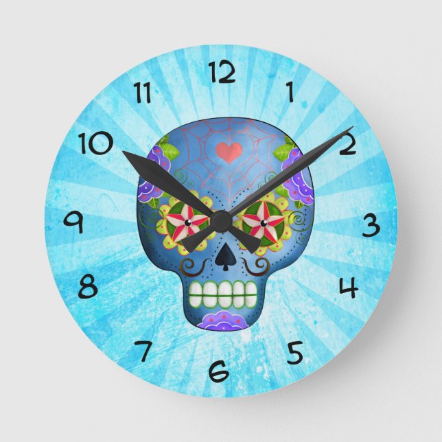 The Day of The Dead Blue Sugar Skull Round Clock (Front)