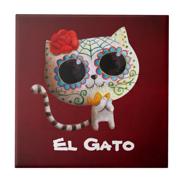 The Day of The Dead Cute Cat Ceramic Tile (Front)