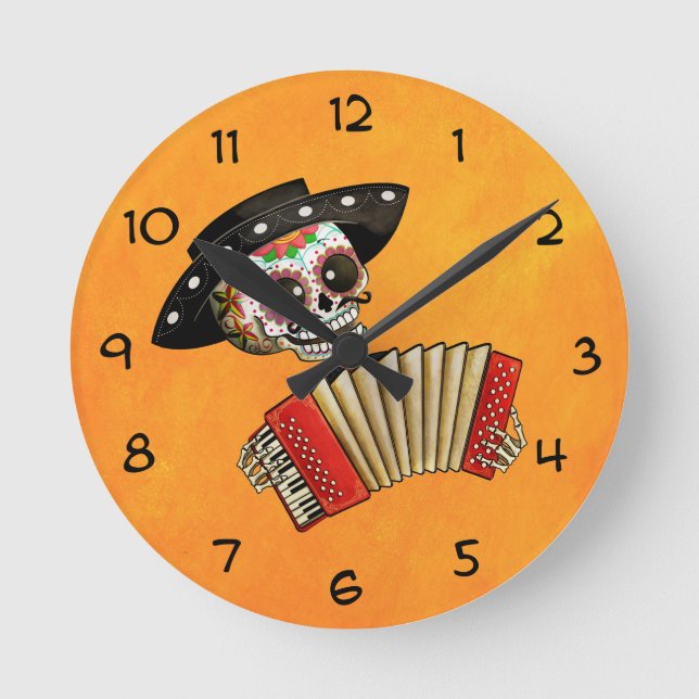 The Day of The Dead Skeleton El Mariachi Round Clock (Front)