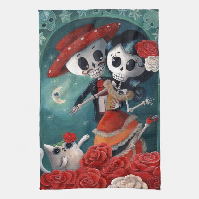 The Day of The Dead Skeleton Lovers Tea Towel (Vertical)