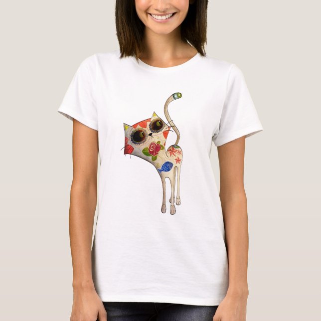 The Day of The Dead White Cute Cat T-Shirt (Front)