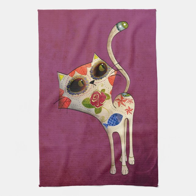 The Day of The Dead White Cute Cat Tea Towel (Vertical)