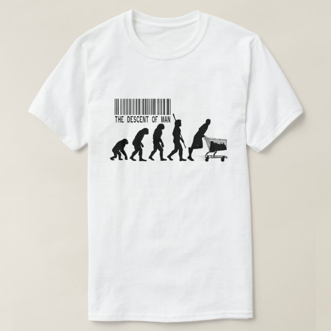 The Descent of Man Funny Evolution Parody Shopping T-Shirt (Design Front)