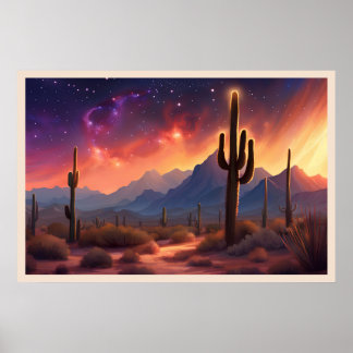 The Desert at Dusk Sequoia Cactus Colourful Art Poster