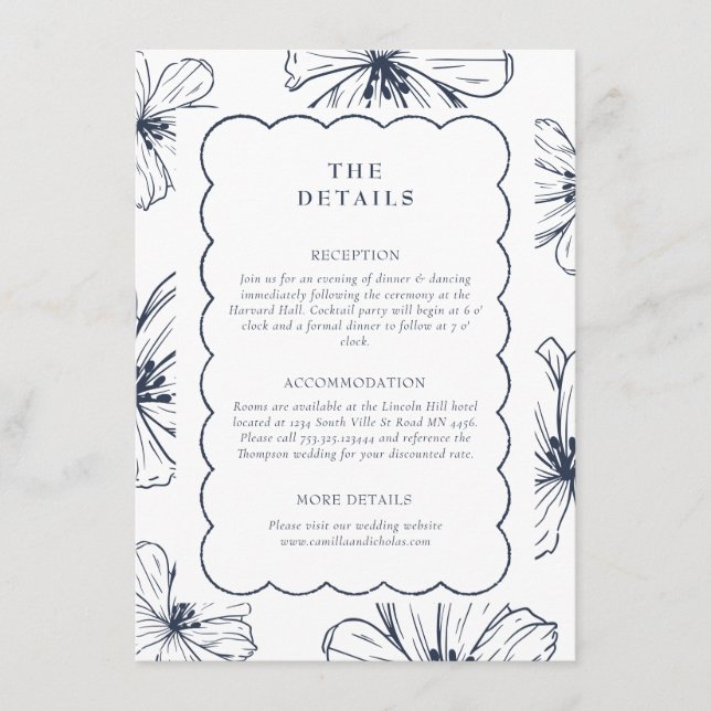 The Details | Blue Lined Floral Pattern Wedding Enclosure Card (Front)