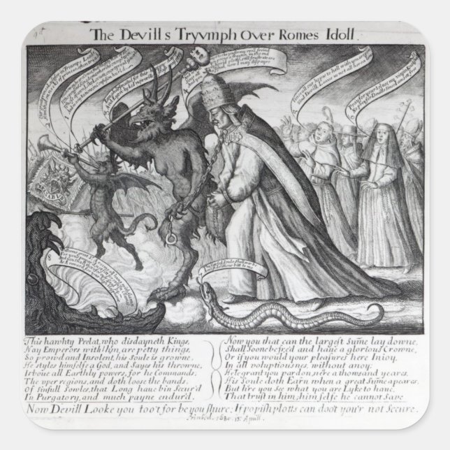 The Devil leading the Pope in Chains, 1680 Square Sticker (Front)