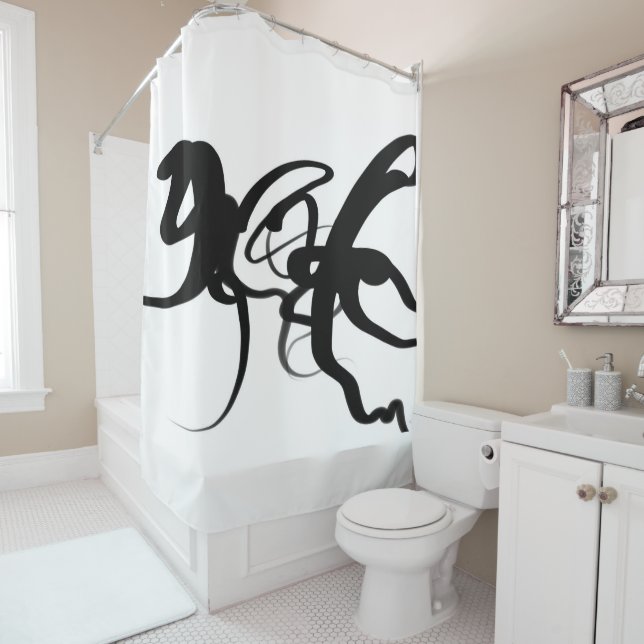The Divers: Abstract Black & White Shower Curtain (In Situ)
