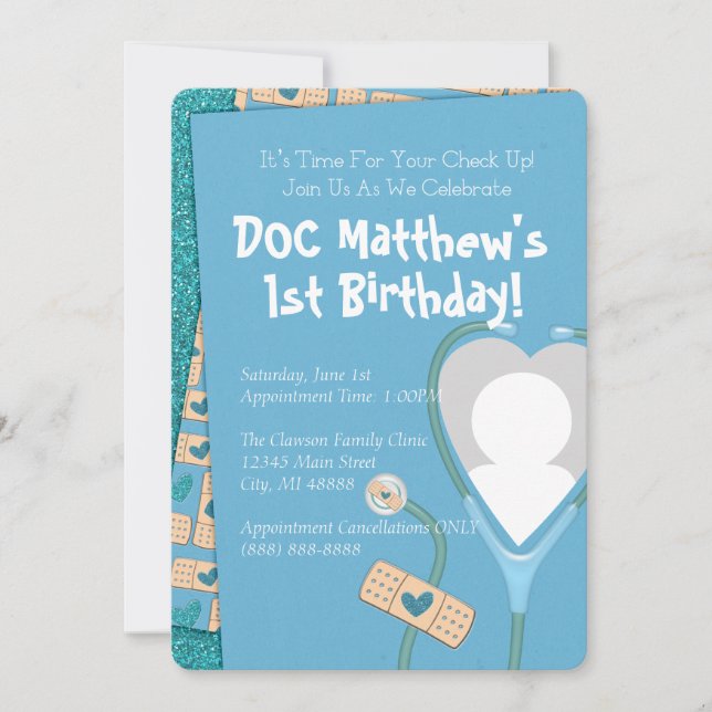 The Doc Is In Birthday Invitation - Blue (Front)