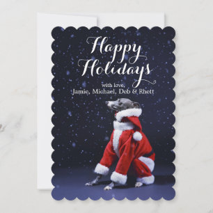 The dog sits putting on Father Christmas Holiday Card