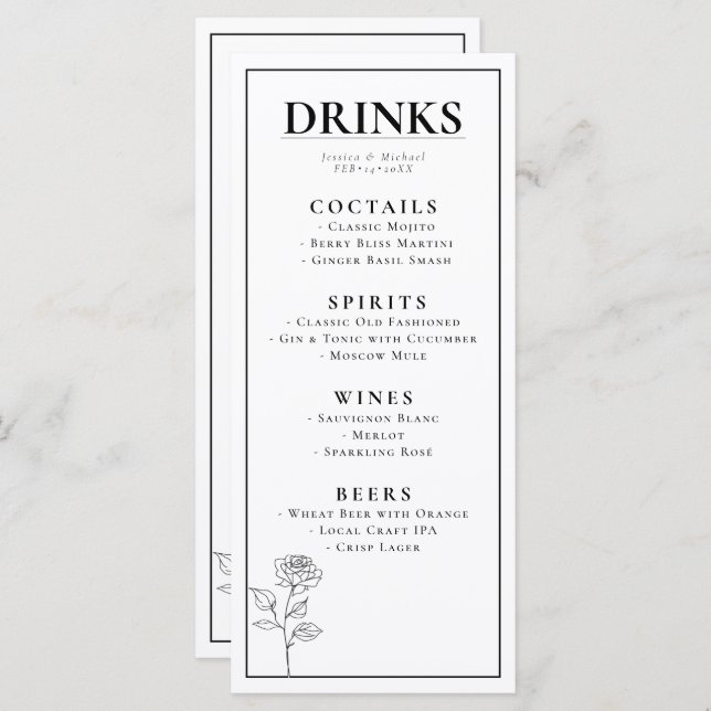 The DRINKS + lovely text  Timeless Bloom   Menu (Front/Back)