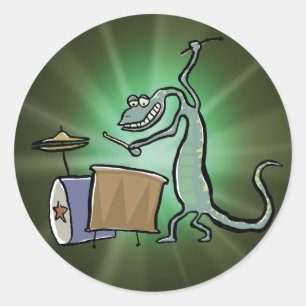 The drum playing lizard classic round sticker