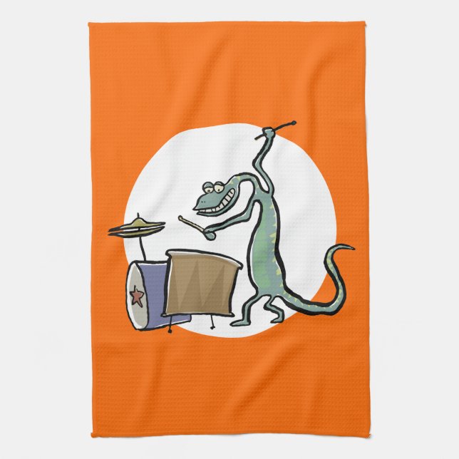 The drum playing lizard tea towel (Vertical)