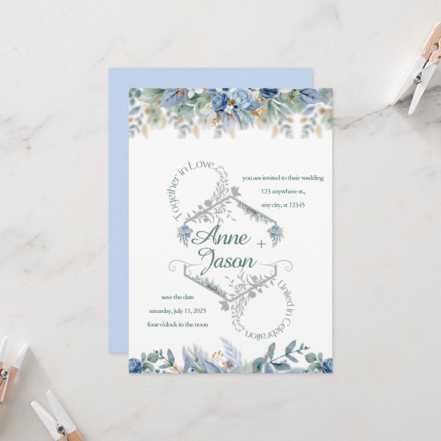 The Dust Blue Floral Wedding Invitation (Front/Back In Situ)
